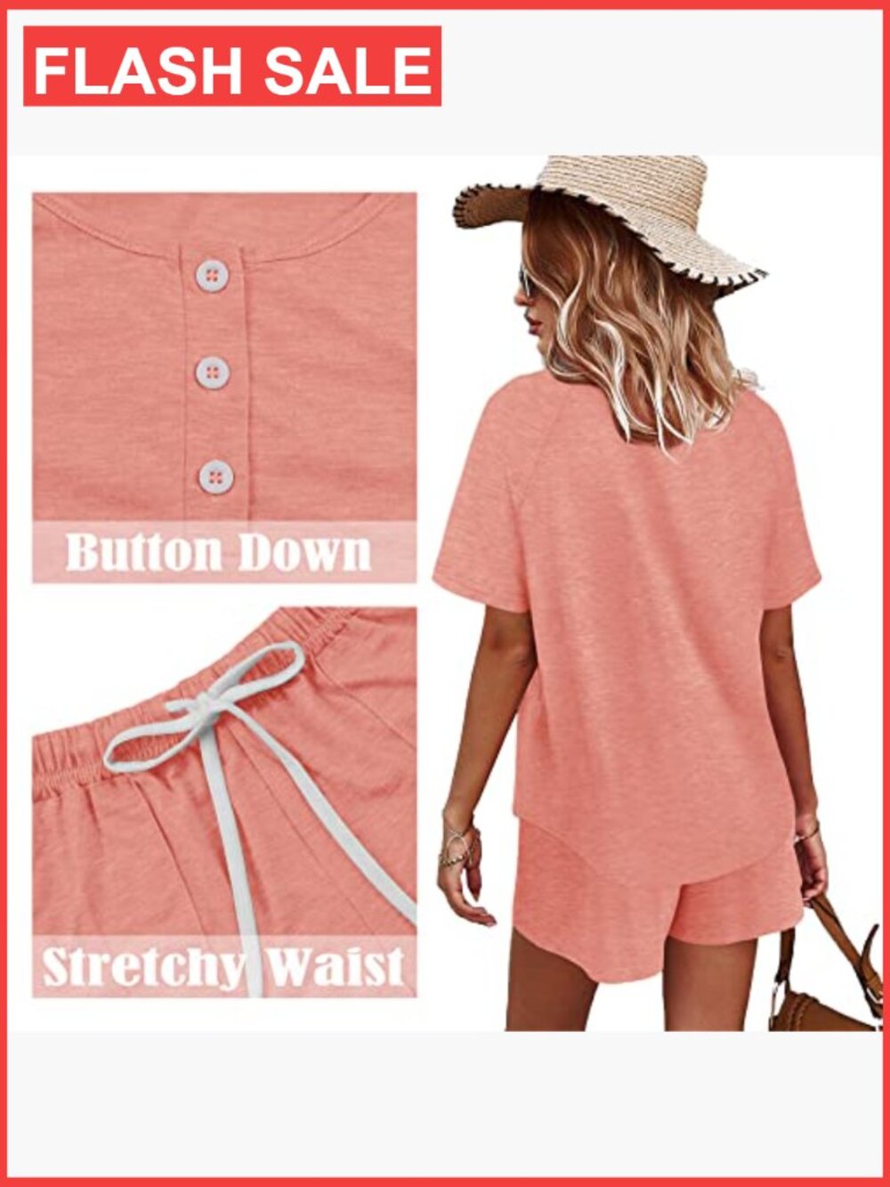 Medium 2-Piece Lounge Set with Pockets, Button-Down Top & Drawstring Shorts - Picture 4 of 7